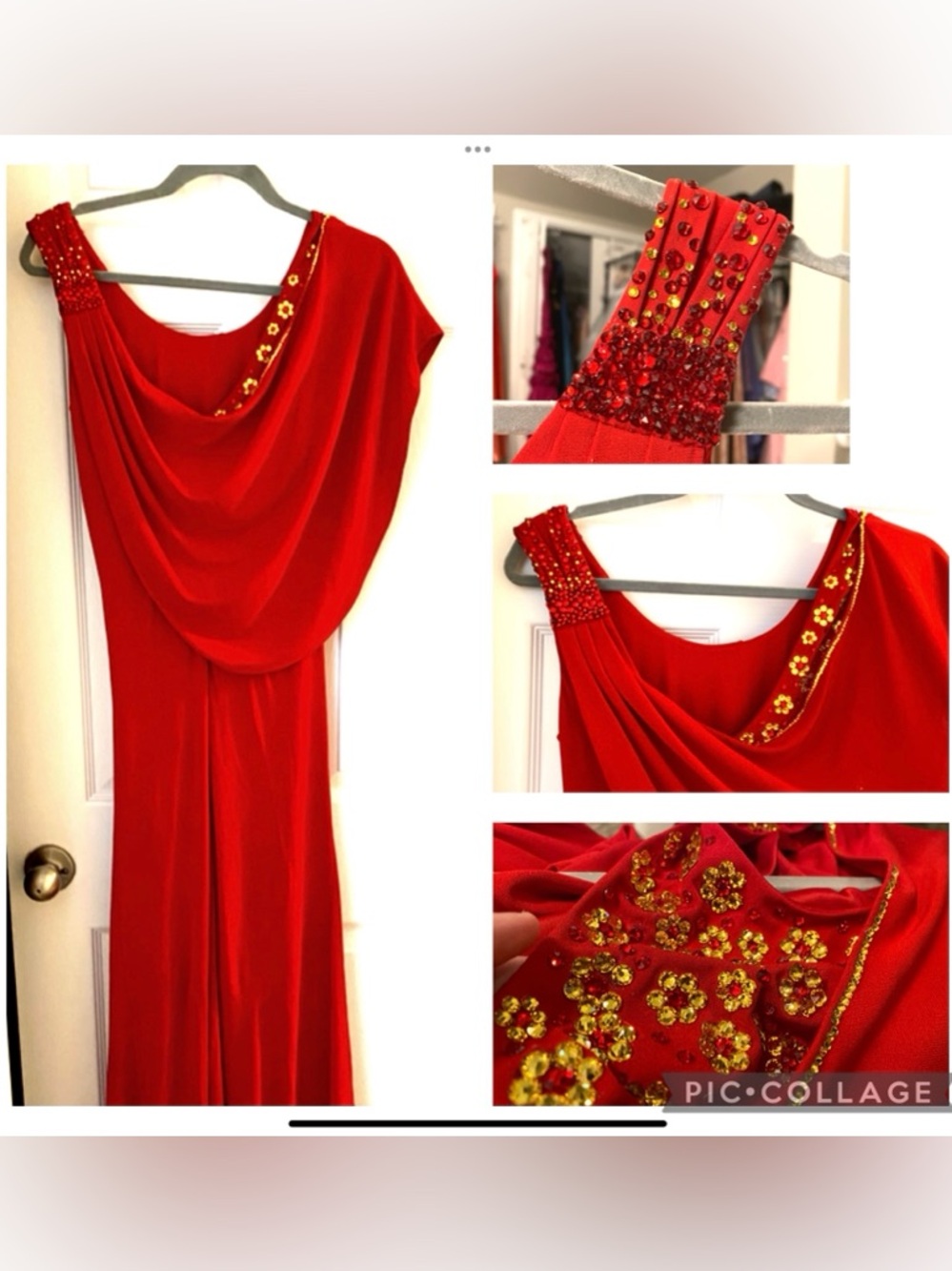Swarovski Crystal Red Cape Dress with Pleated Shoulder